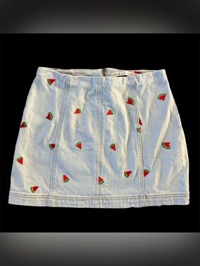 Tinseltown Light Wash Denim Mini Skirt with Watermelon Embroidery